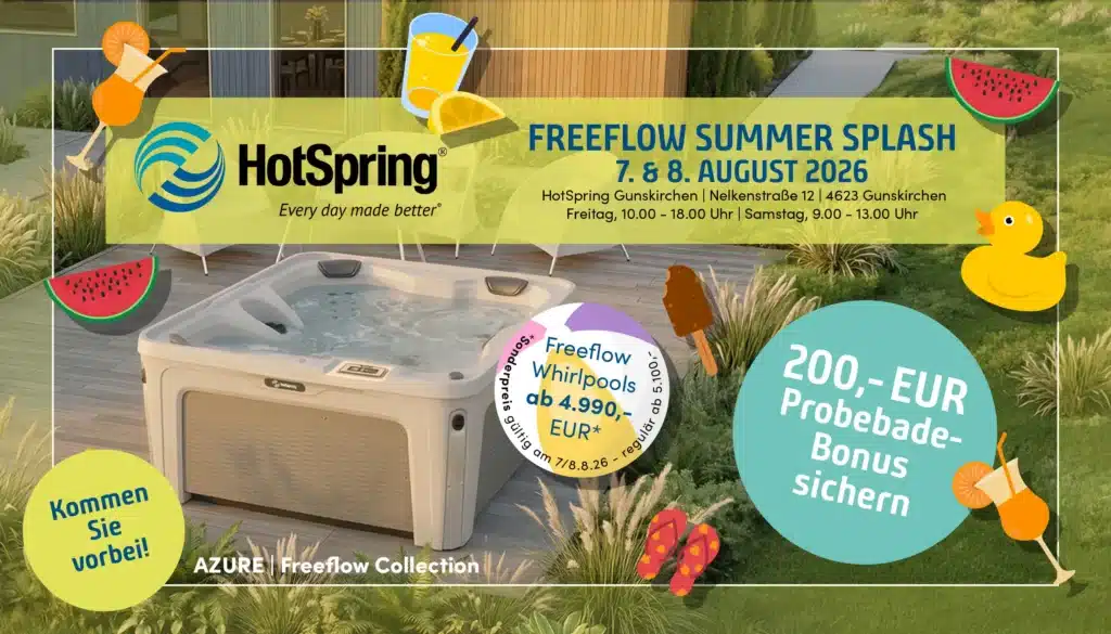 Freeflow Summer Splash | 7. & 8. August 2026 - Showroom Gunskirchen | Vorbeikommen & Eintauchen - Badesachen nicht vergessen! 1 HotSpring Einladung SummerSplash 16 9 WEBk